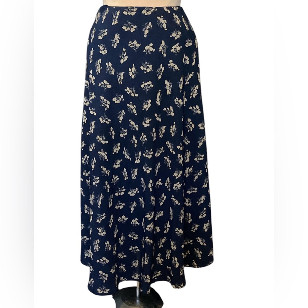 Chaps Navy Blue & Cream Floral Print Maxi Skirt | 100% Polyester | Fully Lined